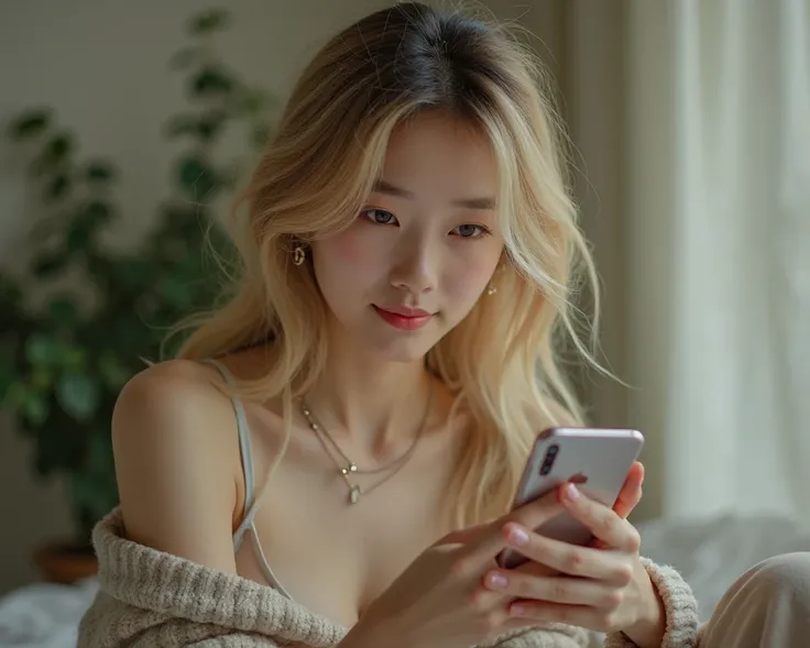 Coy smile Real Blonde  looking at phone  enjoining music  Small breast tiny body   asian korean Japanese Cinema Blonde Real photo sexy slutty slut whote escort ,  short hair coy smile joggers top