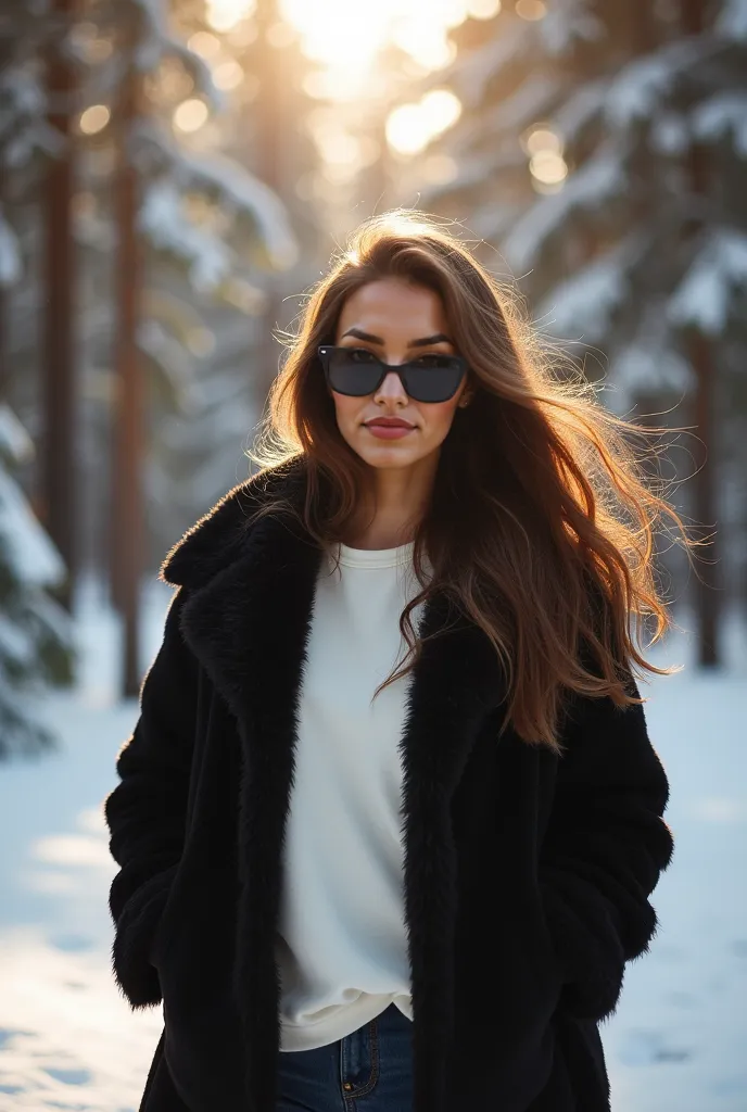 Keep the same face details and brown hair details of this model. This time she is standing in a snow-covered forest region with snowed-in fir trees. She is wearing luxury winter clothing with a black fur jacket, a white sweatshirt underneath. She is wearin...