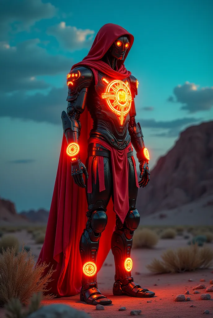 create an image of a shamanic cyborg robot shaman from the future wearing futuristic shamanic cloak clothing with cryptic shamanic symbols glowing in neon orange and ornaments accessories the shamanic robot is walking on the wastelands of an dessert indust...