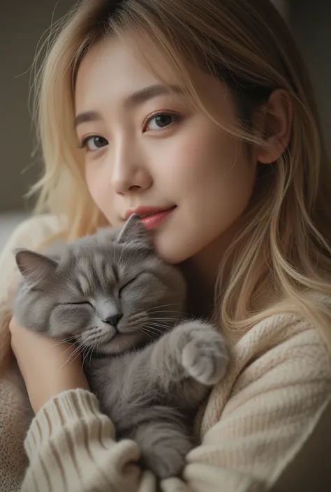 Best Quality, masterpiece, Limit Details ,  high depth field , Film Tone  ,  intricate depiction details , 8k), The a beautiful korean girl, slightly  chubby,has a calm expression,  She looks happy , eyes are big and her eyes are full ,  The cat snuggles c...