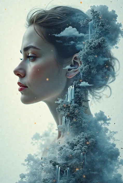 elegant gentle beautiful woman build with multiple mandelbrot merge with ferromagnetics, double exposure clouds merge waterfalls, background black with julia fractals 