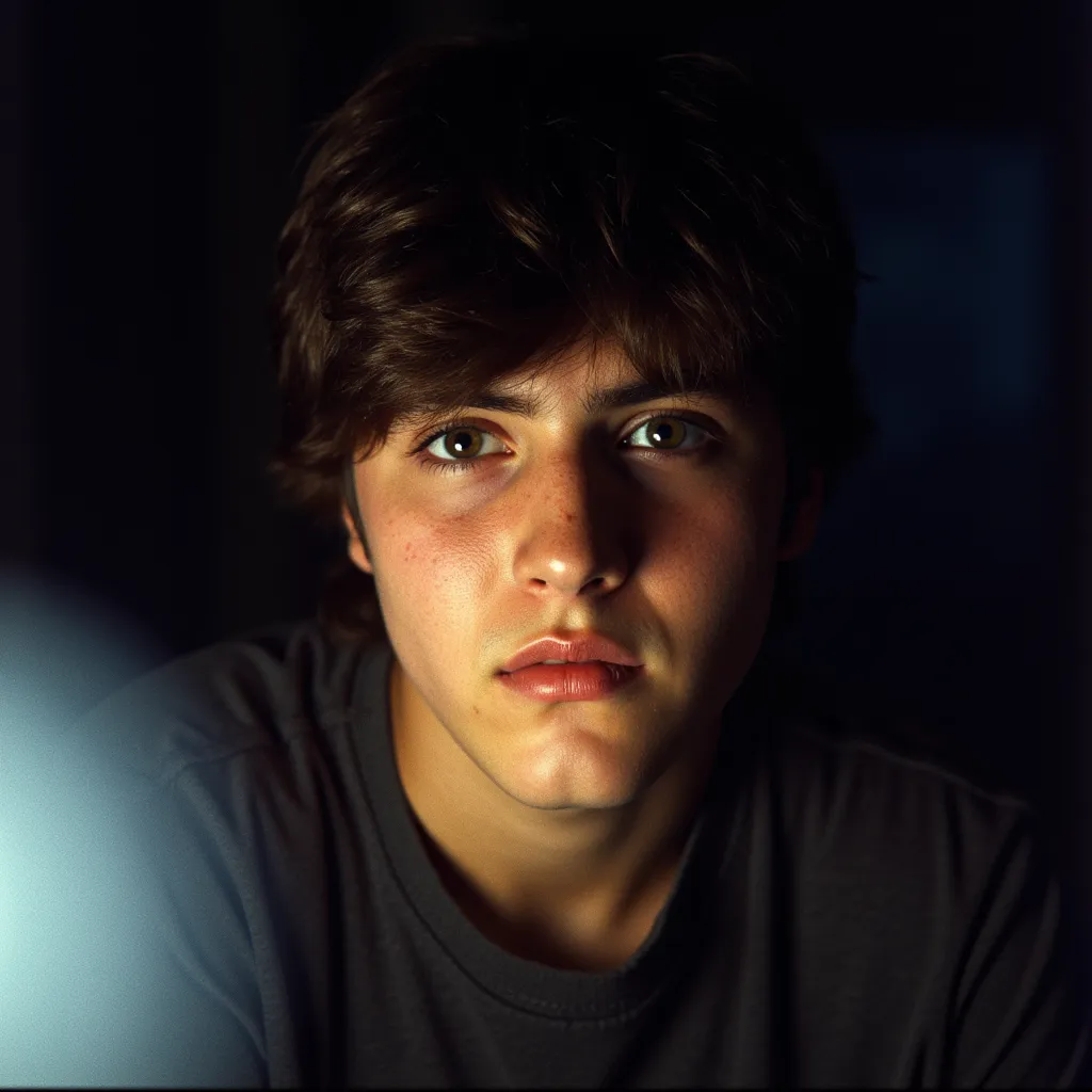  photo realistic, low quality 240p, fuzzy image, low contrast and blown out, realistic skin texture, grainy textured image and details, adolescent brunette boy nervous low light pov webcam