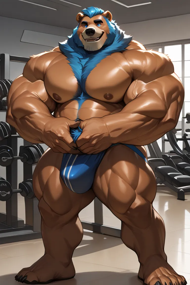 solo, 1boy, muscular, grizzly bear, accent blue hair, very huge pectoral, jockstrap, gym, detailed face, smile, detailed eyes, wide shoulder, thick arms, wide pectoral, muscle, short hair:1.2, detailed eyes, focus eyes, shirtless, masterpiece, semirealisti...