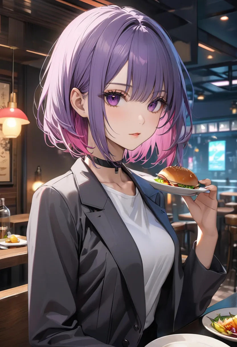 masterpiece, highest quality, perfect face, highest resolution, detailed depiction of eyes,  1 female, slender body, Orchid colored hair,   wave bob hair, dark purple eyes, Cyberpunk,  shirt, charcoal grey color suit,  black ribbon choker  ,  Restaurant,Ea...