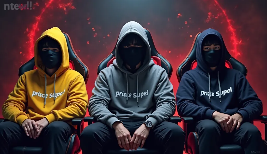 A high-quality digital artwork of three young men sitting in gaming chairs, all wearing black face masks. The central figure is in a gray hoodie, while the others are in yellow and dark blue hoodies. Each hoodie has 'PRINCE SUPEL' printed on the chest in a...