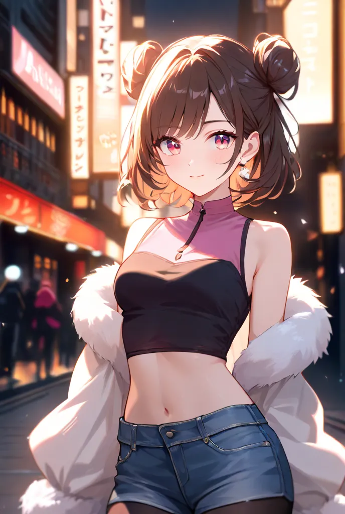 masterpiece, best quality, detailed face, 1 girl, solo, beautiful, modest chest, slender body, mature, light makeup, cute, adorable, bright smile, closed mouth, short hair, brown hair, high twin bun hair, himecut bang, ruby_colored eyes, white fur jacket o...