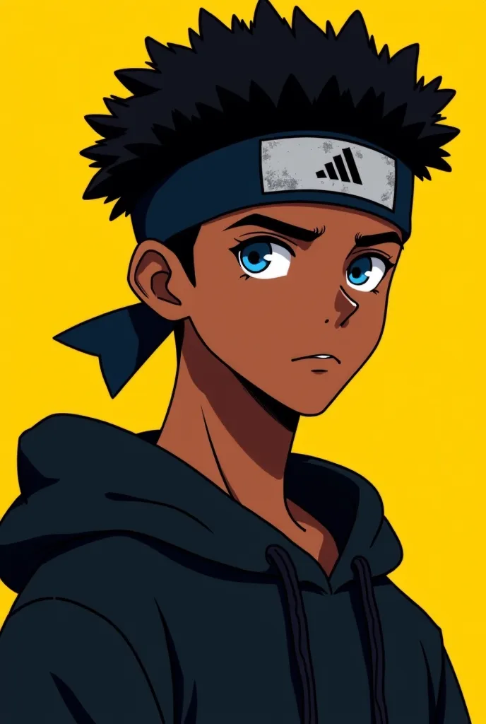 "A stylish anime-style illustration of a young man with deep brown skin, intense blue eyes, and a serious expression. He has curly black hair held back by a sleek black headband with a worn-out white logo. He is wearing a loose-fitting black hoodie with dr...