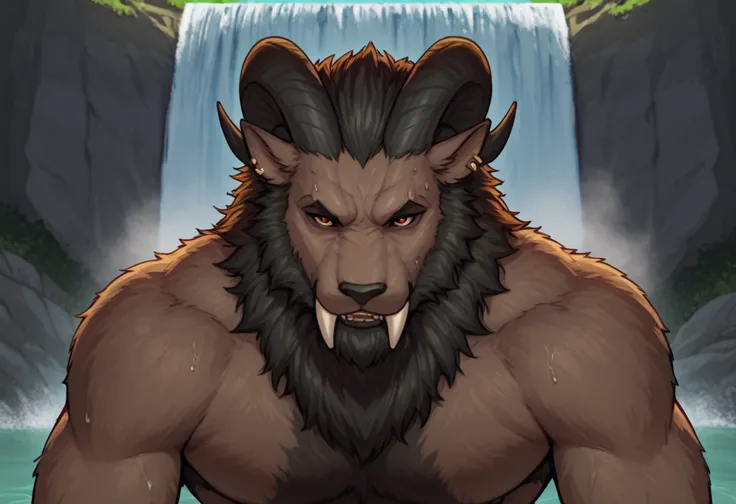 leonhart in a sexual position, copulation, intercourse, leonhart leaning over the viewer, intercourse with the viewer, the body is covered with brown fur, brown thick fur, traditional man, patriarchal man, bearded man, mature man, serious man, stocky, orth...