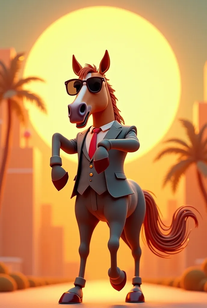 horse in suit in sunglasses rendering 3d style makes dab move