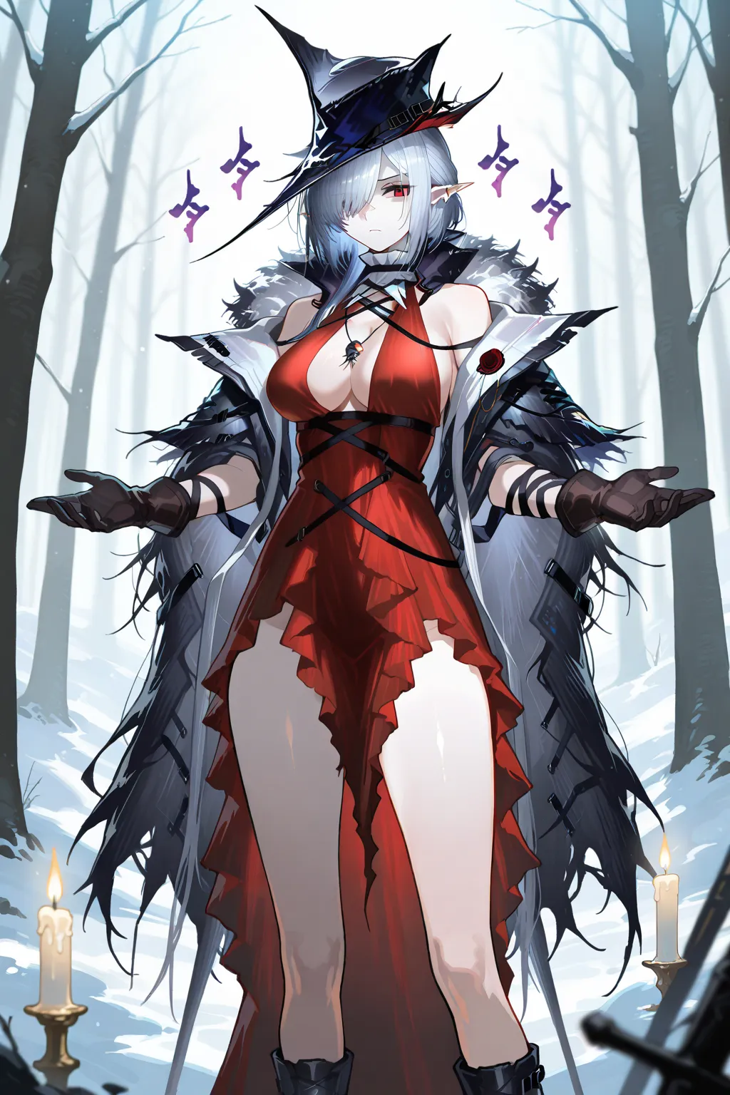 Gladiia(Arknights), 1girl, red eyes, breasts, hair over one eye, solo, blue hair, candle, pointy ears, serious, menacing, strong woman, looking at viewer, long hair, standing, wearing winter red dress, fur mantle, cleavage, dress, black footwear, large bre...