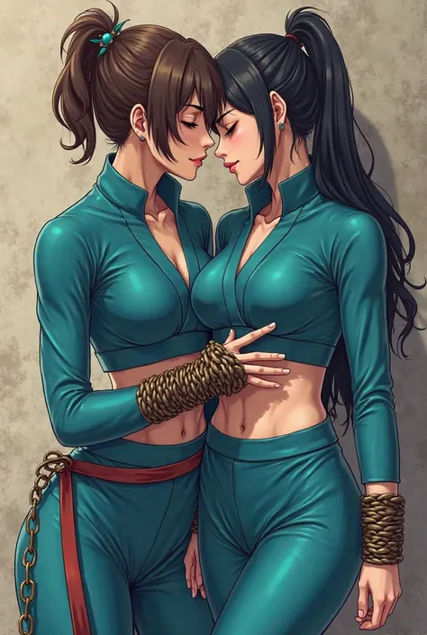  Make me a picture of the female black-haired line and the male brown-haired ninja. The female black-haired ninja, Whose arms are cuffed, Wears a turquoise,  very cropped and actually absolutely very revealing, designed and very athletic . The ninja suit h...