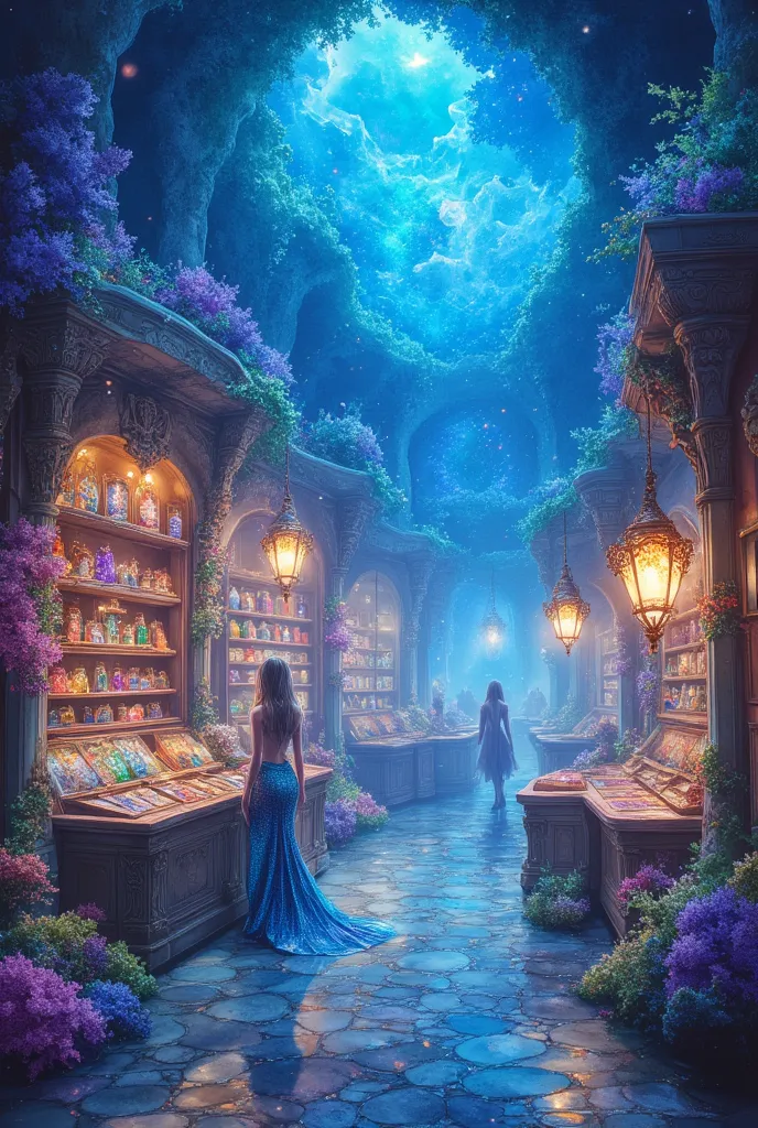 A magical underwater marketplace with a mermaid, glowing bioluminescent lanterns, shelves of ancient artefacts and treasures, soft ethereal lighting, hyper-detailed fantasy style.