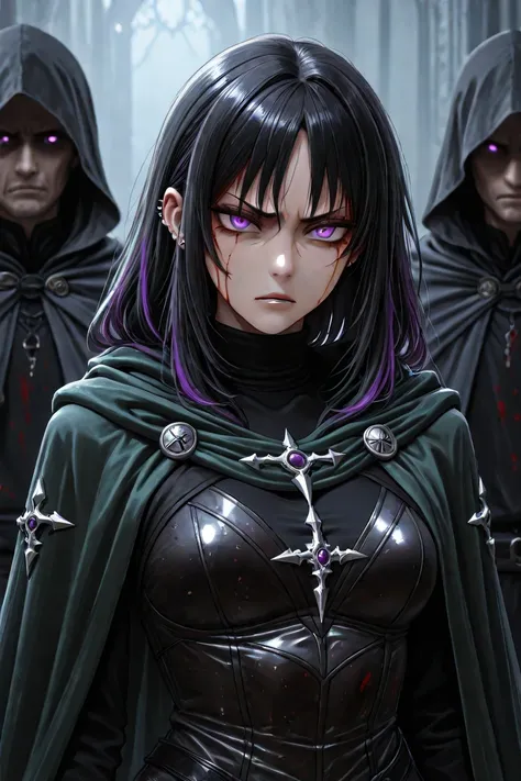 a man, purple eyes, black hair parted in the middle, black turtleneck, dark green cape with silver button, blood on his face, angry