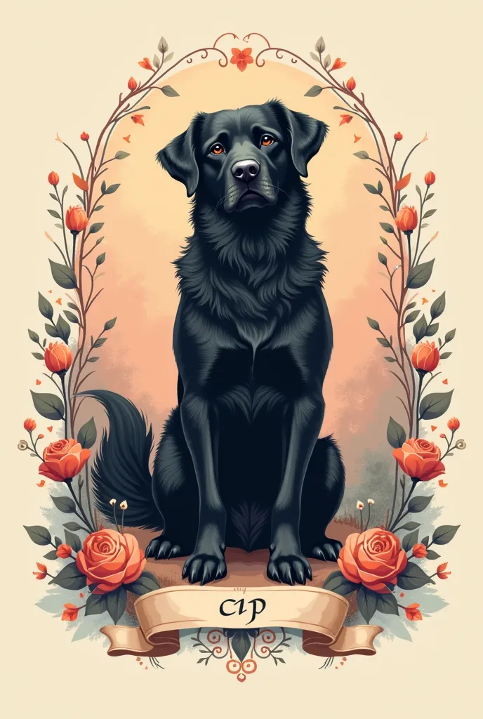 Create a coat of arms to represent the family. It should be wearing a black dog, let it be of pastel colors and convey the atmosphere of the house