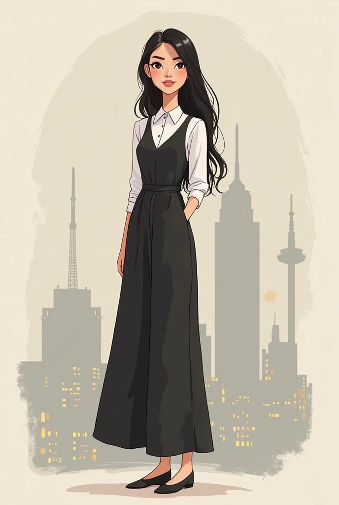  "A 37-year-old woman, of 1. 65 meters tall ,  thin,  with straight hair , Black and long, black eyes, fair skin. Wear a minimalist black and white long dress, with with sleeves and at the knee, Without without jewelry. Smiling and dreamy. Set in a city, w...