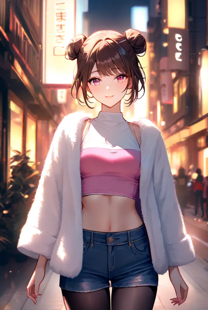 masterpiece, best quality, detailed face, 1 girl, solo, beautiful, modest chest, slender body, mature, light makeup, cute, adorable, bright smile, closed mouth, short hair, brown hair, high twin bun hair, himecut bang, ruby_colored eyes, white fur jacket o...