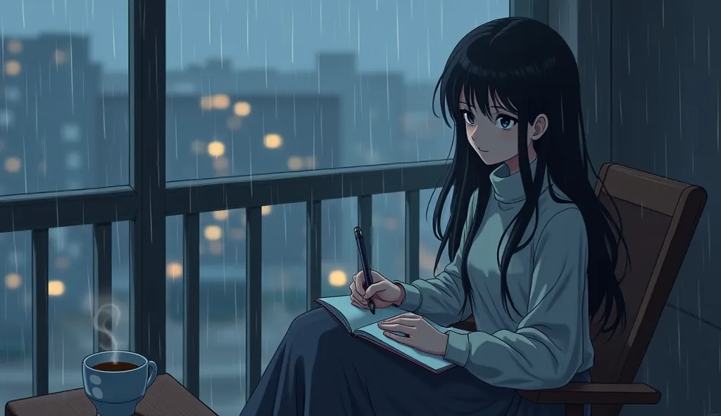 Anime-style lofi art of a melancholic young female writer with long, wavy black hair and deep gray eyes, sitting on a cozy balcony during a gentle rain. She wears a snug light gray turtleneck sweater and a flowing long skirt. One hand holds a pen while the...