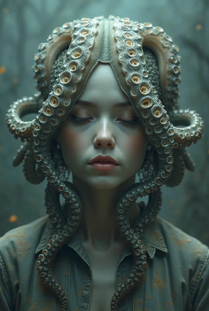 An octopus appears wrapped around my head and only my eyes are visible, they are sleepy and calm eyes.