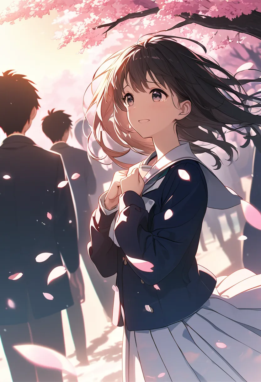 Masterpiece, ultra detail, high quality, 8k, cinematic lighting, breathtaking composition, emotional depth, film still, dramatic angle.

An anime-style illustration of an intensely emotional graduation scene beneath a breathtaking row of cherry blossom tre...