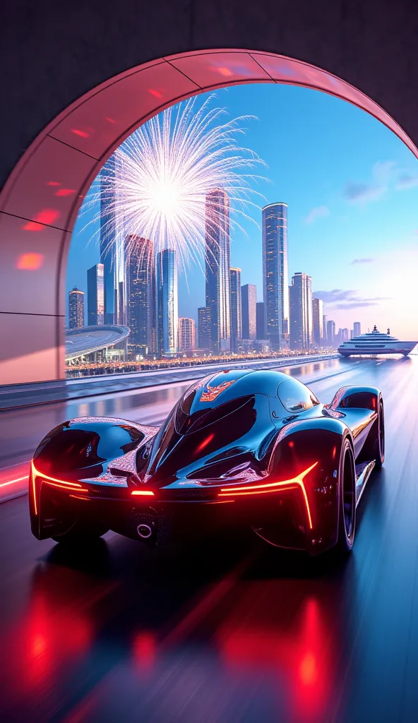 Create a futuristic racing car, drive through the tunnel, against a background of luxury buildings and a blurry looking yacht. Fireworks explode in the sky