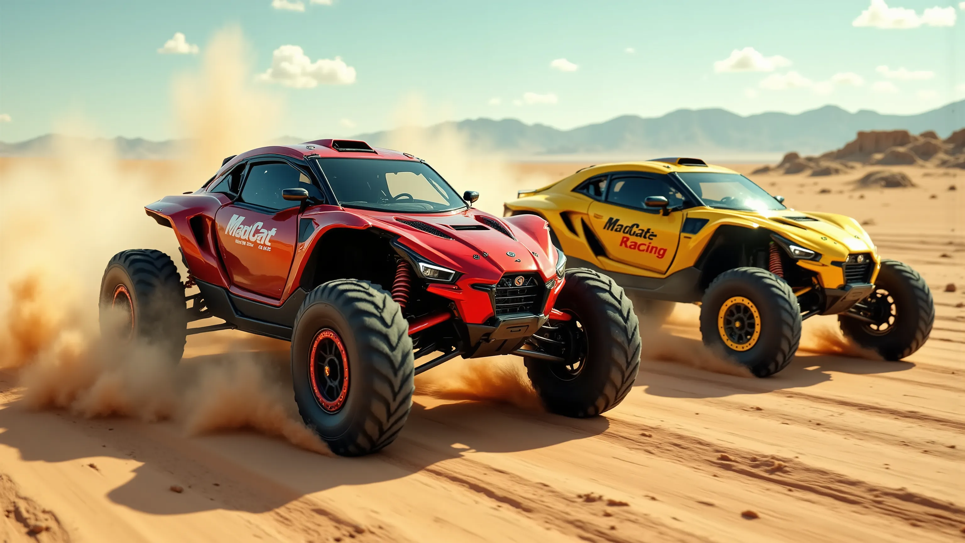 The image shows 2 custom sleek Lifted Shiny metallic  Red and yellow Can Am 2024 Maverick x3 turbo RR Racing down a sandy desert road wheel spin and sending a sand and dust cloud up behind it , It is a sleek The vehicle setup for racing it is adorned with ...