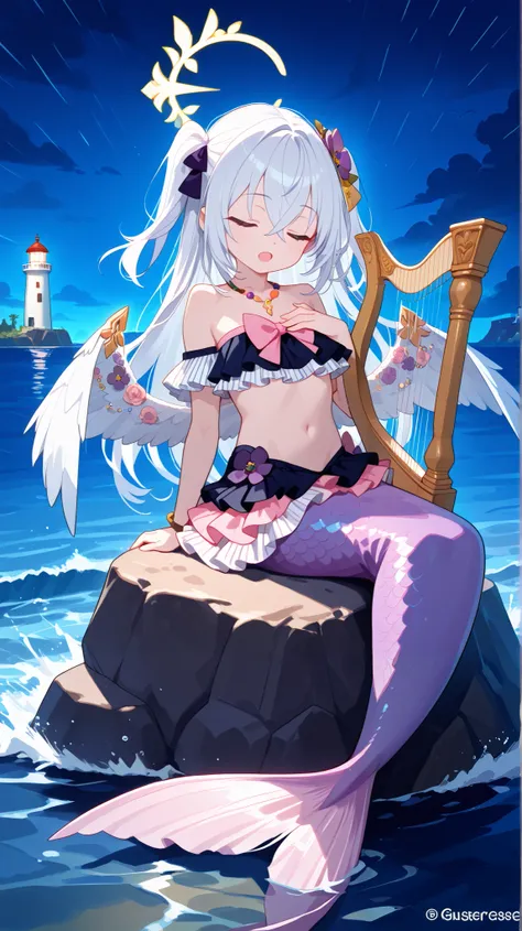 azusa \(blue archive\), 1girl 1other alternate_costume, angel_wings, bare_shoulders, blush, collarbone, feathered_wings, flower, hair_between_eyes, halo, long_hair, looking_at_viewer, small_breasts, pink_flower, pink_rose, purple_eyes, rose, solo_focus, ve...