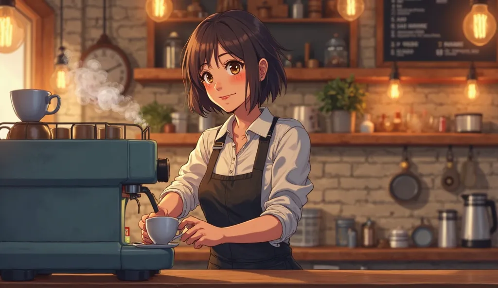 Anime-style lofi art of a cheerful young female barista with short, slightly messy dark brown hair and warm brown eyes, preparing a cup of coffee behind a rustic café counter. She wears a classic white button-up shirt with rolled-up sleeves, a black apron,...