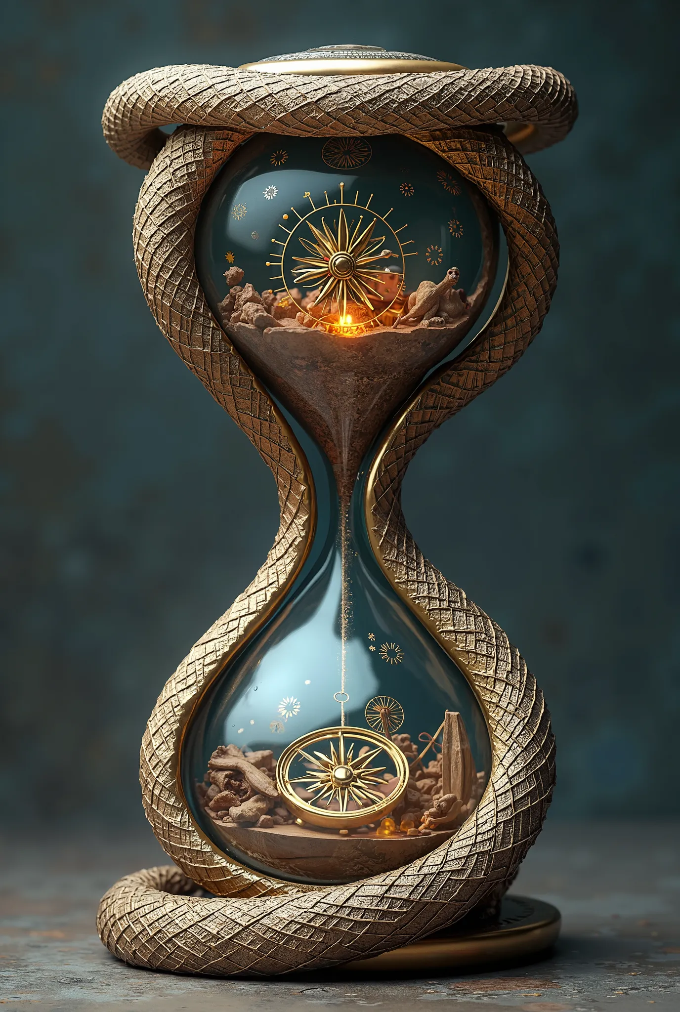 creates an hourglass where inside the upper part there is a compass and in its lower part a wind rose, all this surrounded by a snake in the shape of an eight.