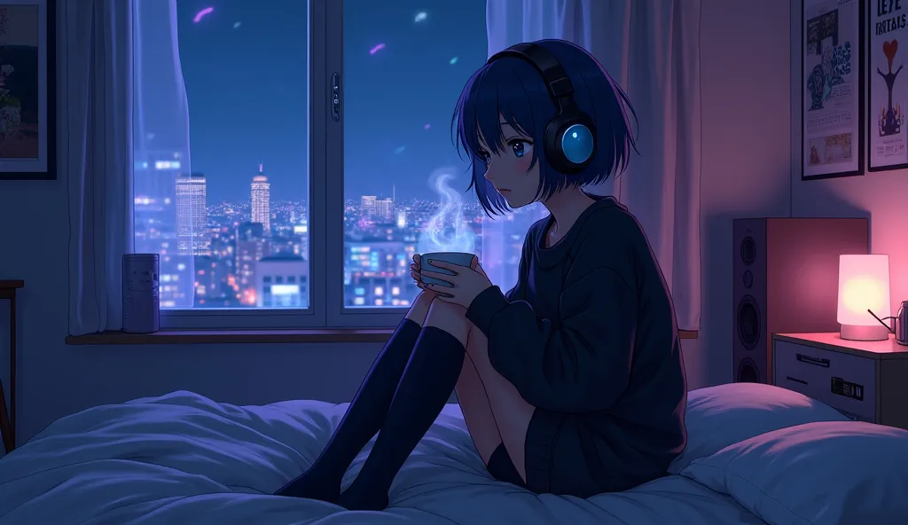 Anime-style lofi art of a dreamy young female with short dark blue hair and deep blue eyes, sitting on her bed at night with oversized black headphones, lost in the rhythm of lo-fi music. She wears an oversized black sweater and thigh-high socks, holding a...