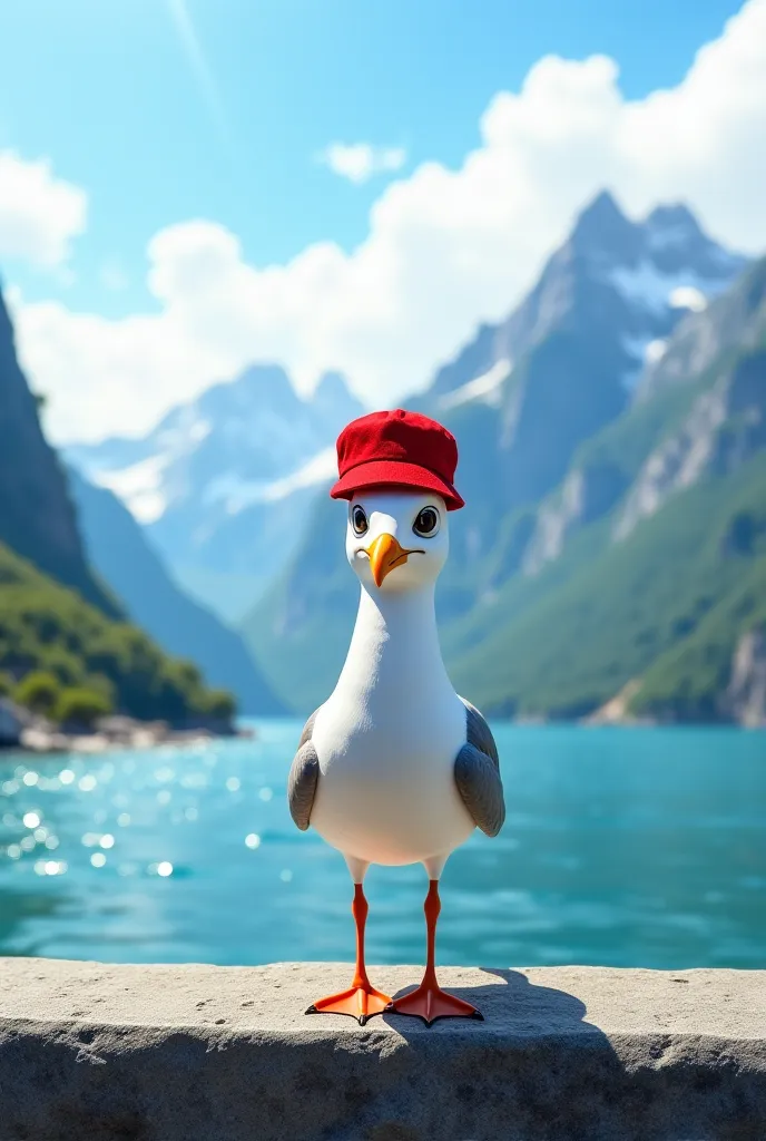 A seagull in a red hat by the sea and in the mountains 