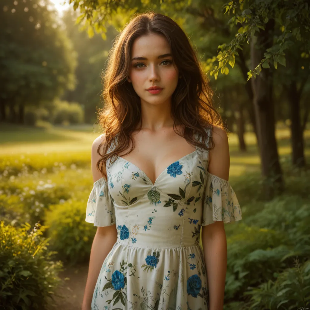 best quality, ultra-detailed CG unity 8k wallpaper, photo 18 years old beautiful alone age girl, in knee-length white floral dress, light-skinned, realistic portrait, beautiful young woman, delicate facial features, serene expression, wavy brown hair, slen...