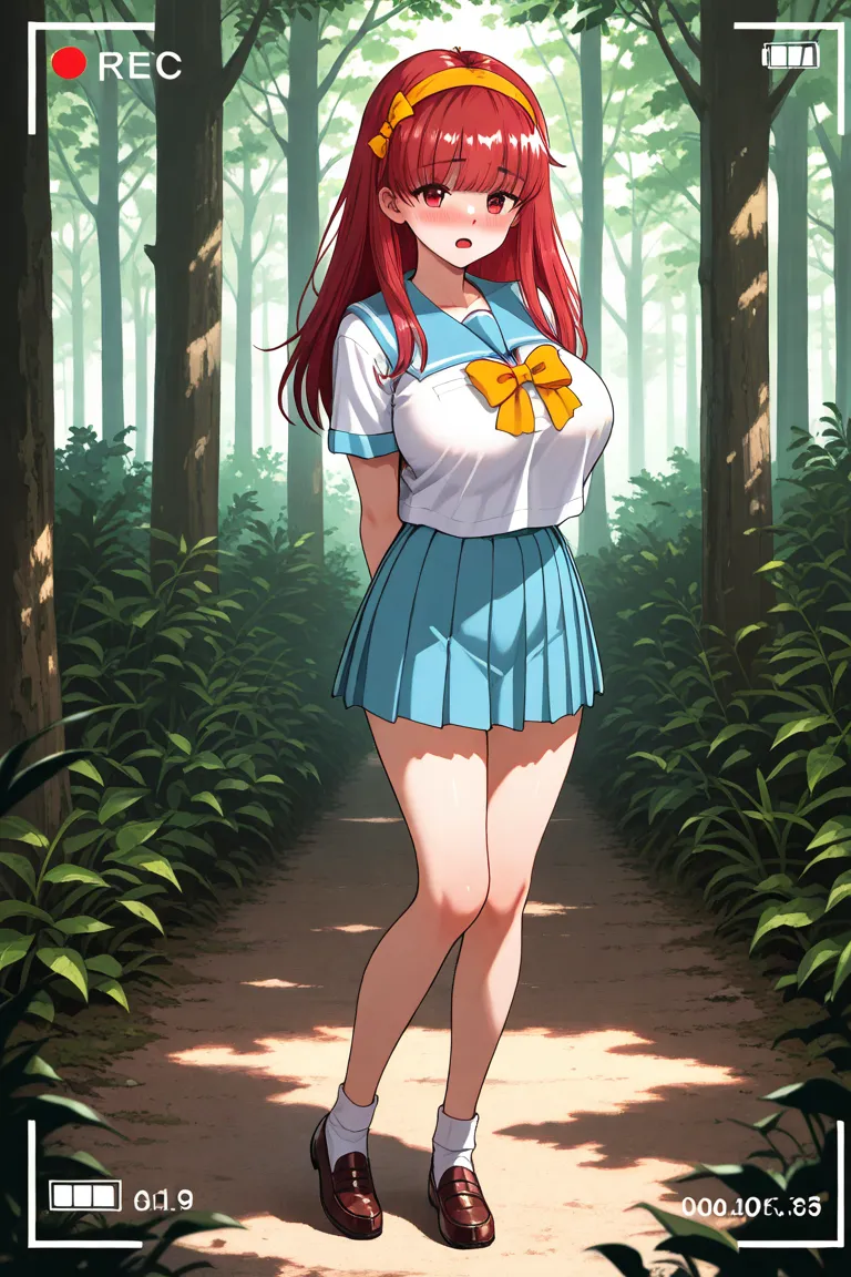 ShioriFujisaki,red hair,red eyes,long hair,hair band,1gail,school uniform,bkue sailor collar,pleated skirt,yellow bow,shoes,socks,recording,viewfinder,Forest Park,Short sleeve,bangs,blush,bottomless,eyebrows visible through hair,looking at viewer,open mout...