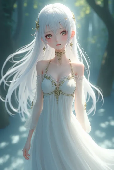 Female character with an anime aspect 
With white hair and long white dress with gold details  