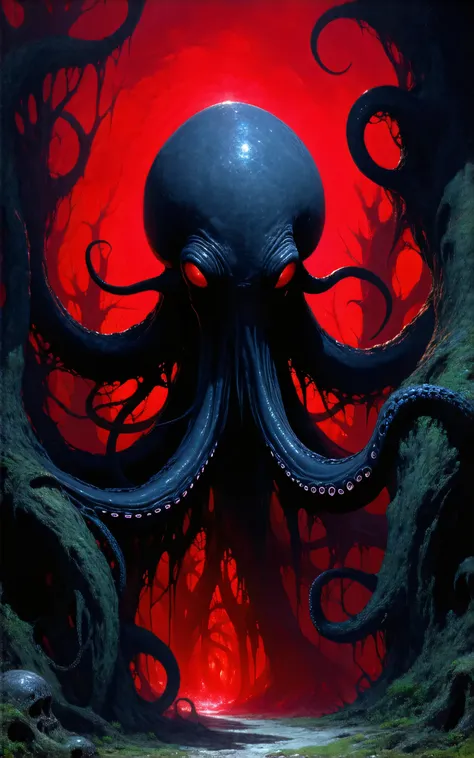 Eldritch horror, dark entity, biomorphism, surreal, dark pit, tentacles, horror, terror, dark aesthetic, high detail, masterpiece.