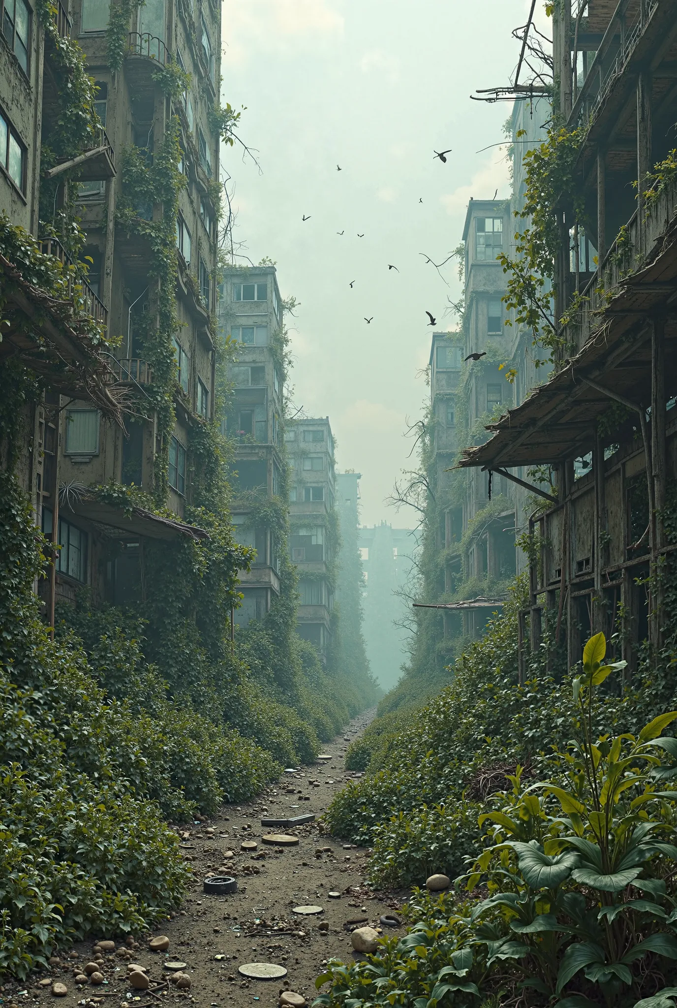 Post-apocalypse world with some greenery taking over the buildings, Without many plants and more after the apocalypse 