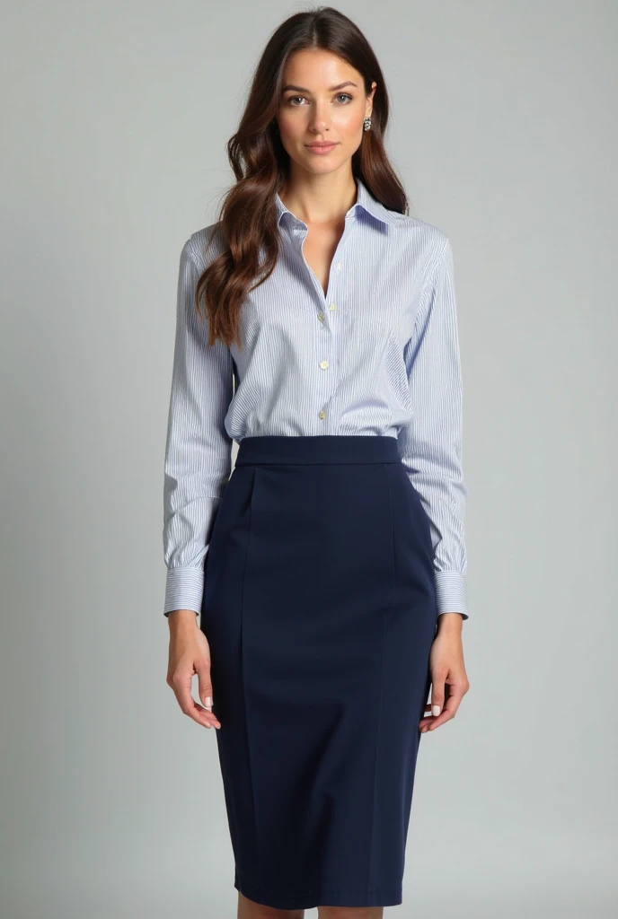  professional outfit for an executive woman.     a dark navy blue pencil skirt with a 5cm waistband straight cut pencil-like high waist with a 5 cm waistband, slim fit style,  The one blouse is white with 4cm blue stripes with a 5 cm shirt collar . This st...