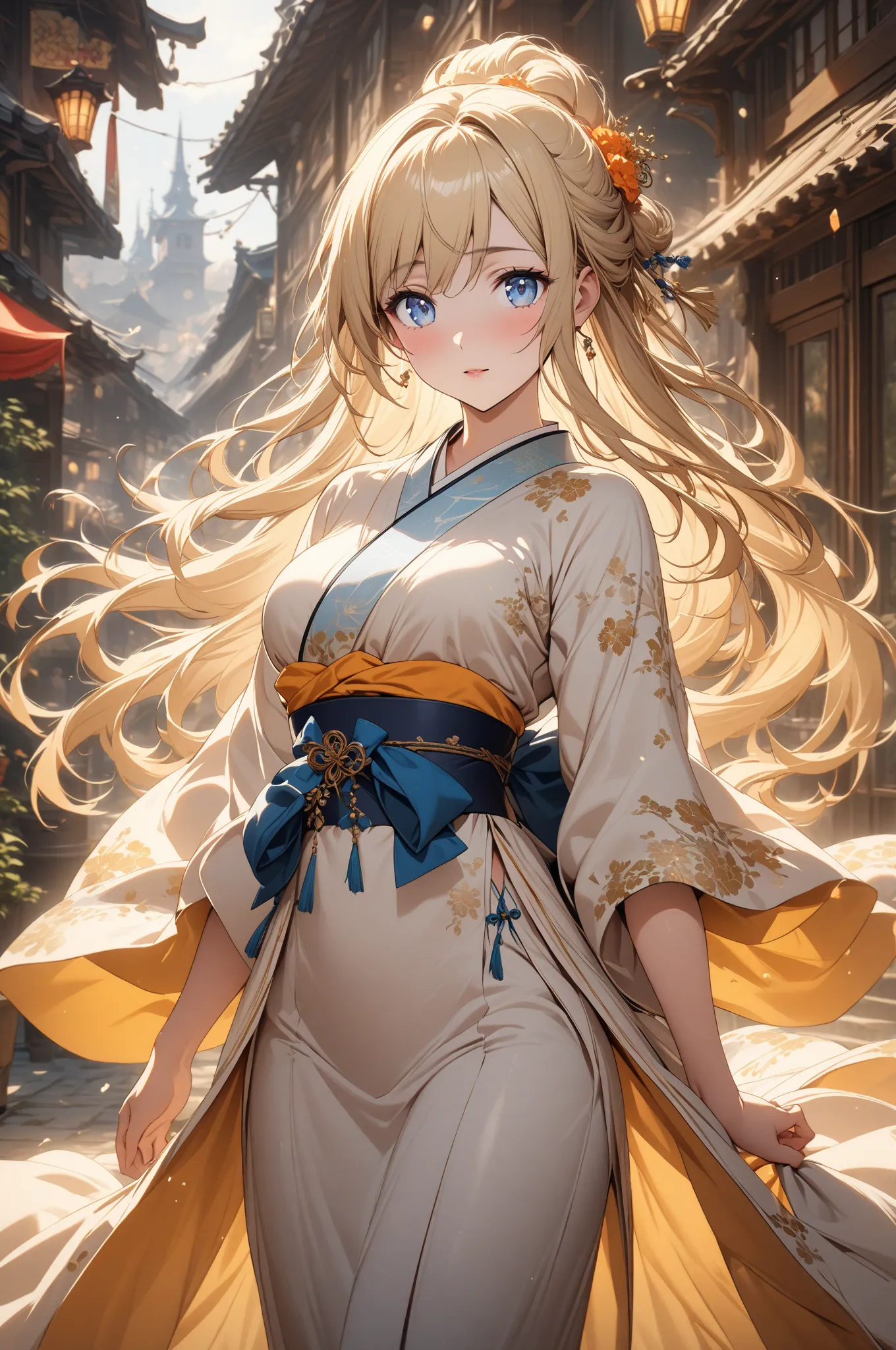 (masterpiece, detailed:1.2), One Girl, (18-years old), blonde one updo, Medium Breasts, sky blue eyes, BREAK, Highest quality, town, Kimono, Fullbody from front below:1.3