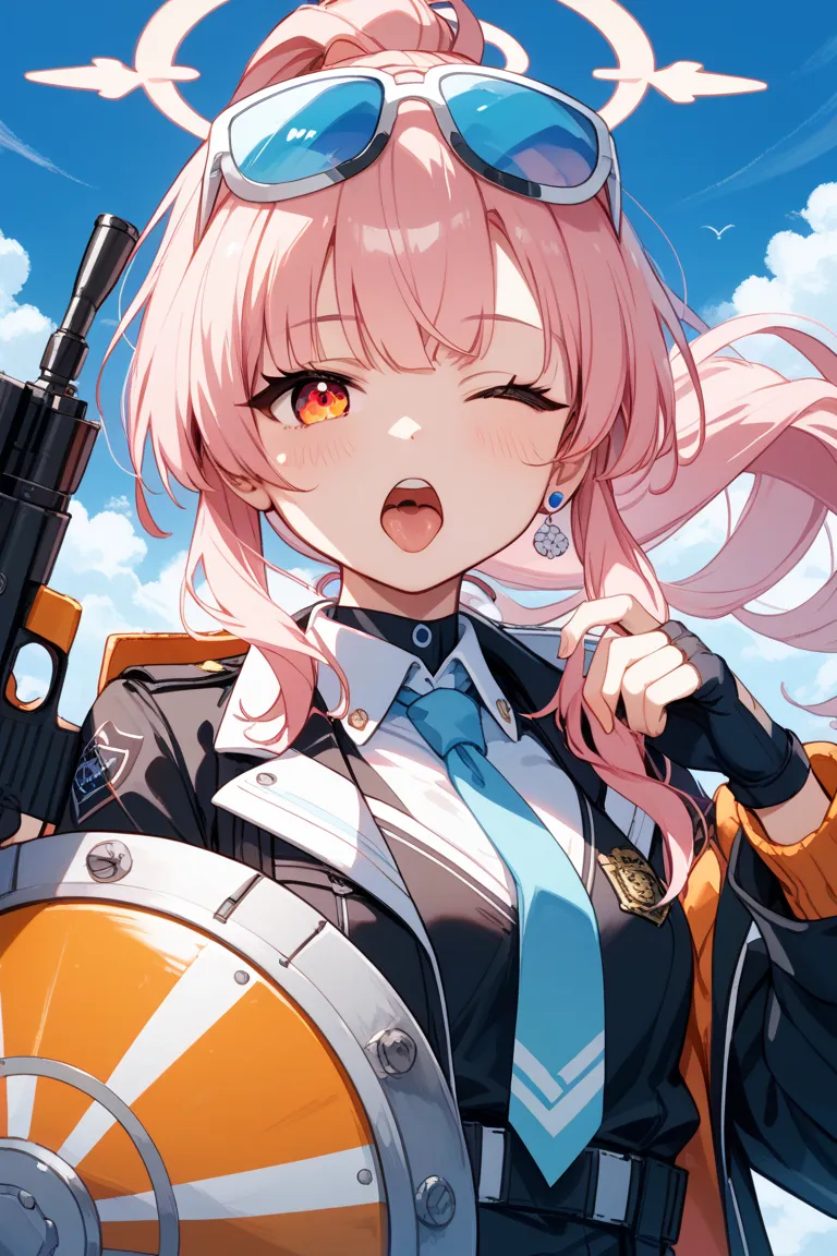 Pink-haired student。older sister。Japanese。anime。long ponytail。Right eye closed。Place your left hand around your mouth、I'm yawning。A person who was warm and fuzzy。He has a futuristic shotgun in his right hand。 light blue tie 。I'm wearing a futuristic shield...