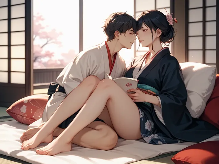 Man and woman in kimono wearing a knee pillow