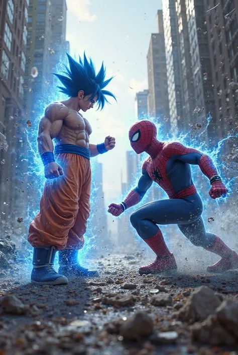 Create me a Realistic image on Goku super sayain blue vs Spiderman 