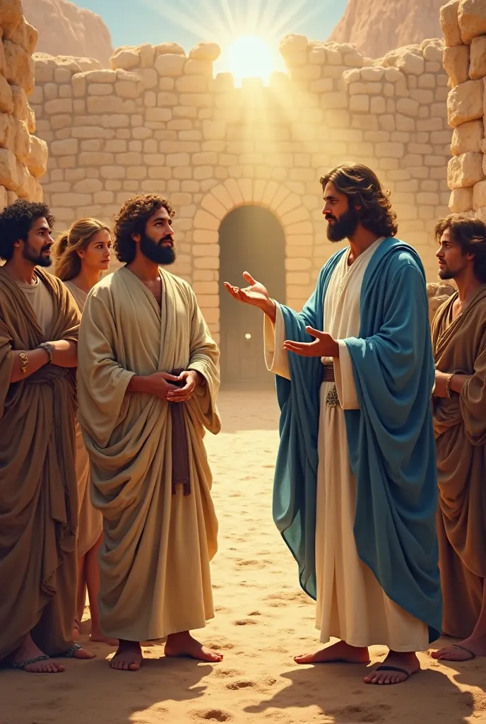 In the Judean desert，A biblical scene is being played out。Jesus is wearing a white and blue robe，Radiating light，Speaking wisely to a group of people。Someone is listening intently，Someone is deep in thought。Two of John the Baptist's disciples are wearing s...