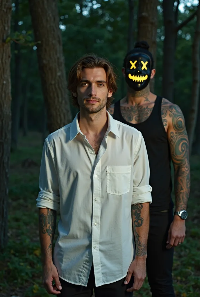 Creates an image of a man with brown hair and green eyes, wearing a white button down shirt,  . He is standing in a wood in the night and behind him another man standing, man with a  black mask with yellow X instead of eyes and a smile also yellow. The man...