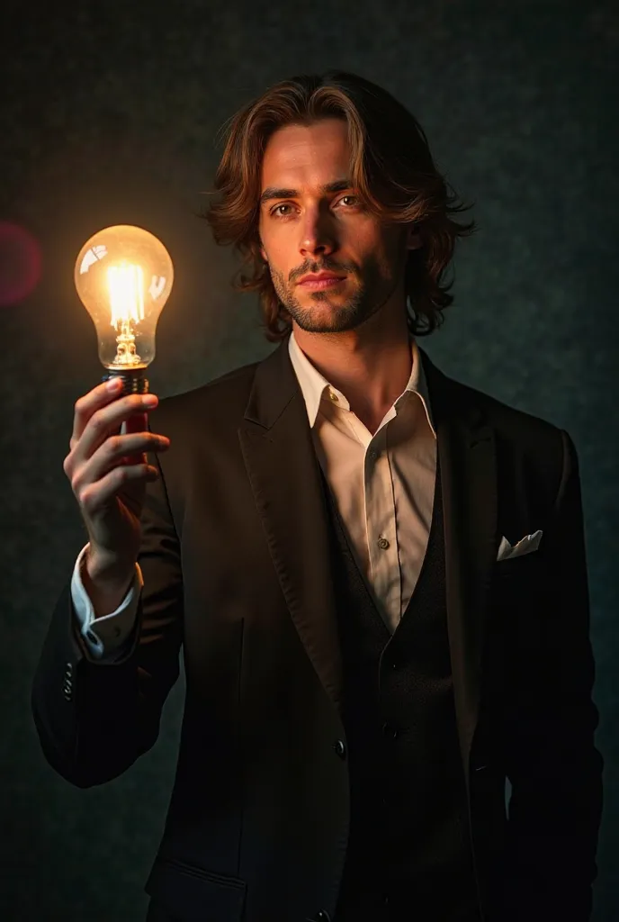 A well-dressed man in an elegant suit holds a glowing light bulb in his hand. His hair is slightly long, giving him a thoughtful and visionary appearance. The background is dark and atmospheric, with a subtle spotlight effect highlighting the man and the b...