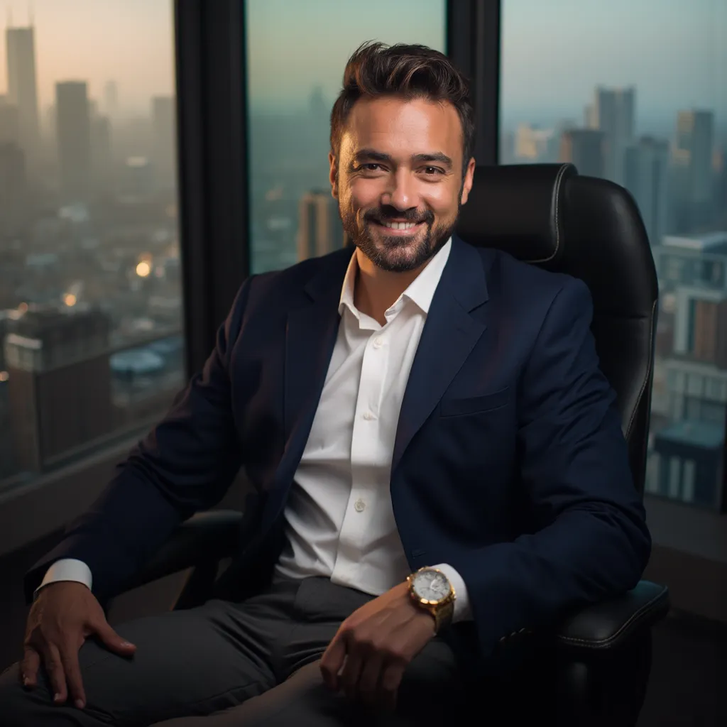 A modCreate a high-quality, professional portrait of Samuel Kairos, an influential 35-year-old podcast host:

- Setting: Luxurious, modern podcast studio with state-of-the-art equipment
- Background: Floor-to-ceiling windows showcasing a stunning city skyl...