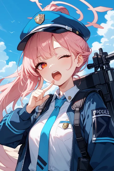 Pink-haired student。Japanese。anime。long ponytail。Right eye closed。Place your left hand around your mouth、I'm yawning。A person who was warm and fuzzy。He has a futuristic shotgun in his right hand。 light blue tie 。I'm wearing a shield like a futuristic riot ...