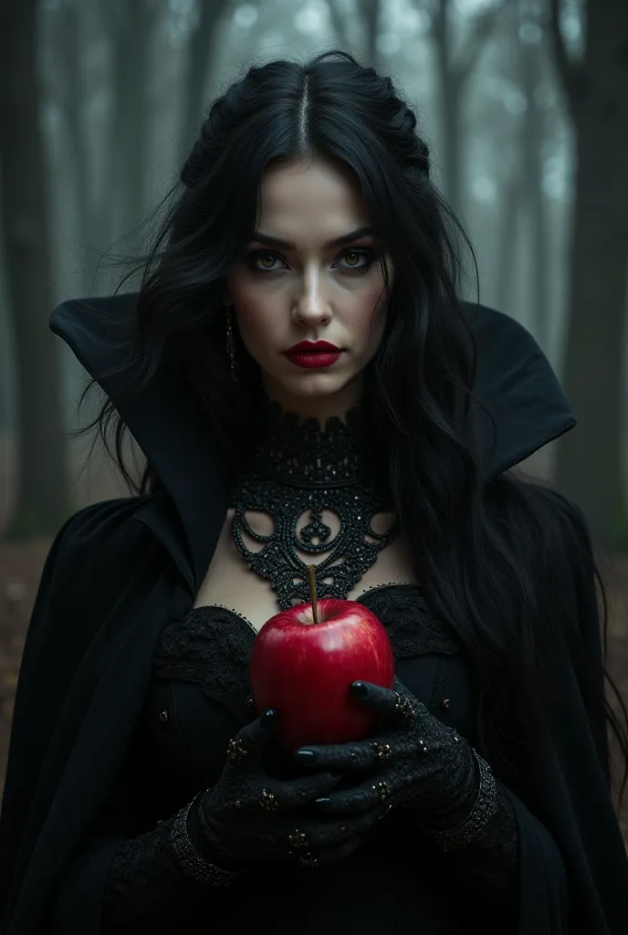 Girl, long black hair ，Black Queen，  accessories  ，apple in hand，poison apple，the queen of witches， lipstick 