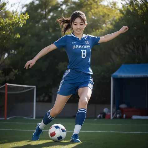 Japanese female soccer player、Japanese national team blue uniform、Scene after kicking the ball、photorealistic lawn soccer field、Background、Stadium during the daytime