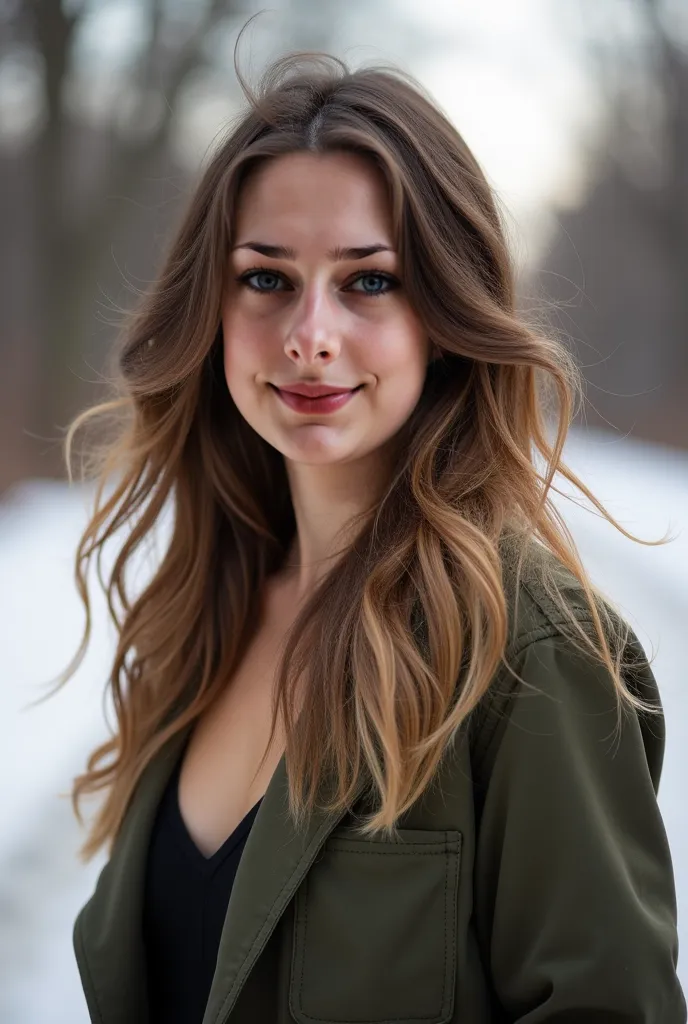  girl. Brown hair blonde strands. Spontaneous photo. She shows a bit of cleavage is dressed normally everyday. March 12 degrees 