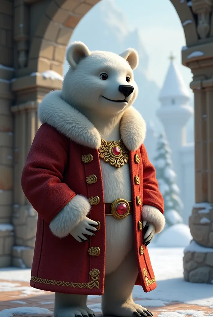 Please create a 3D art of a humanized male white bear using gala clothes. He is a Big Bear.  The background of the image may be inside a castle, And through the window it is possible to see that there is snow. 