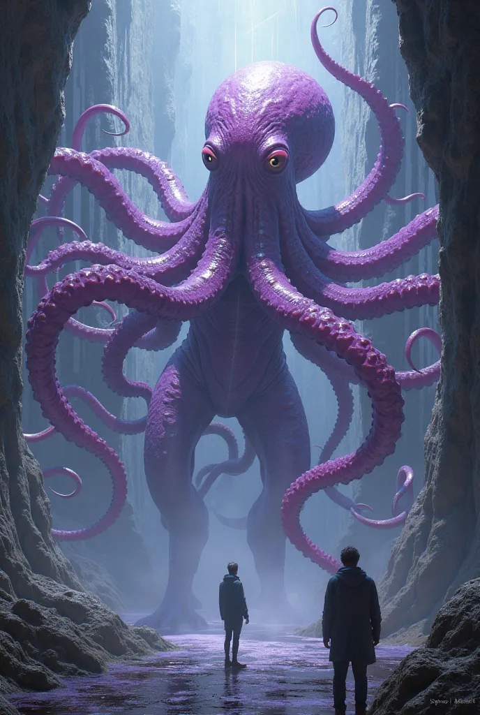 A massive octopus-like alien with shimmering purple skin, restrained in a reinforced energy cage, its many tentacles moving as it tries to communicate with researchers.